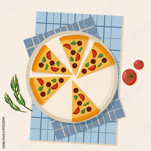 Pizza with pepperoni and tomato in the flat style