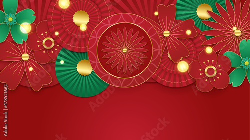 Happy Chinese new year 2022. Year of Tiger character with asian elements and flower with craft style on background. Universal Chinese background with red and gold color theme