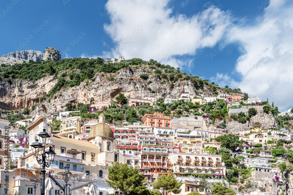 View of the village of Positano along the Amalfi Coast in Italy, with its characteristic colorful houses