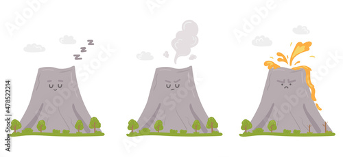 Collection of volcano in different states in cartoon style. Erupting, smoking and sleeping volcano