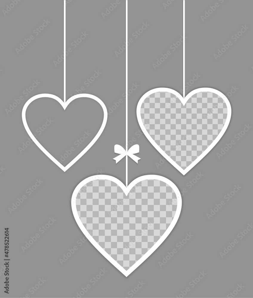 Set of hearts hanging on ropes. Photo frames Mockup. Collage on gray background. Holiday card, banner, poster. Blank template for your design. Vector illustration.