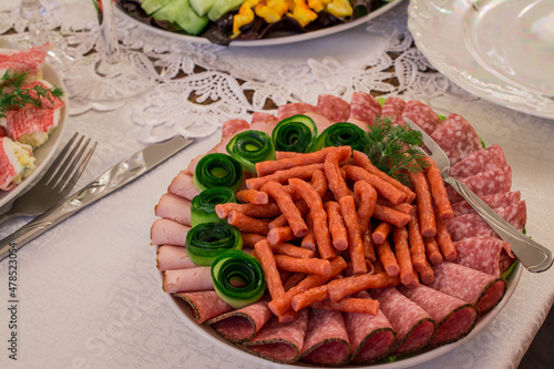 Party Brunch table setting with Food Meat Vegetables