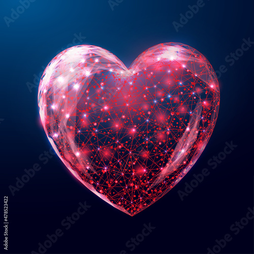 Wireframe heart, low poly style. Abstract modern 3d vector illustration on dark blue background.