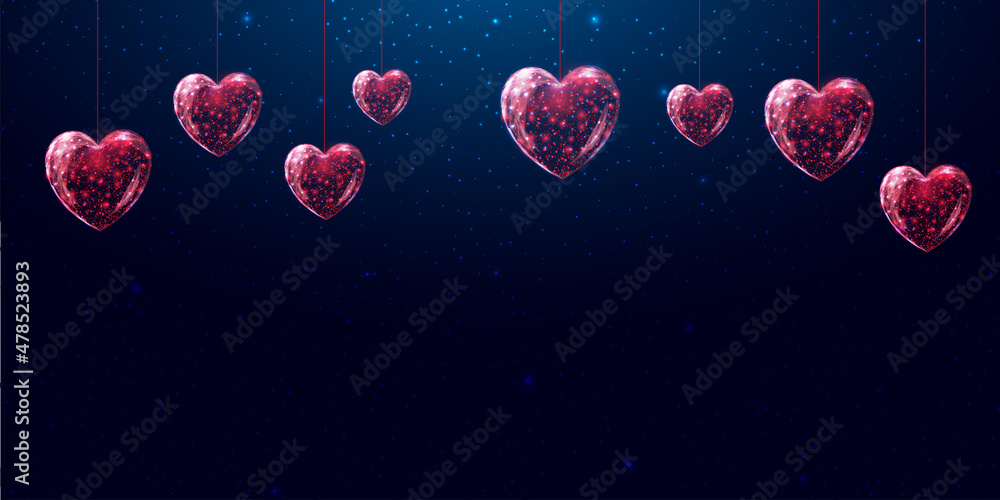 Naklejka premium Hanging red hearts. Saint Valentines day concept with glowing low poly hearts. Futuristic modern abstract. Isolated on dark blue background. Vector illustration.