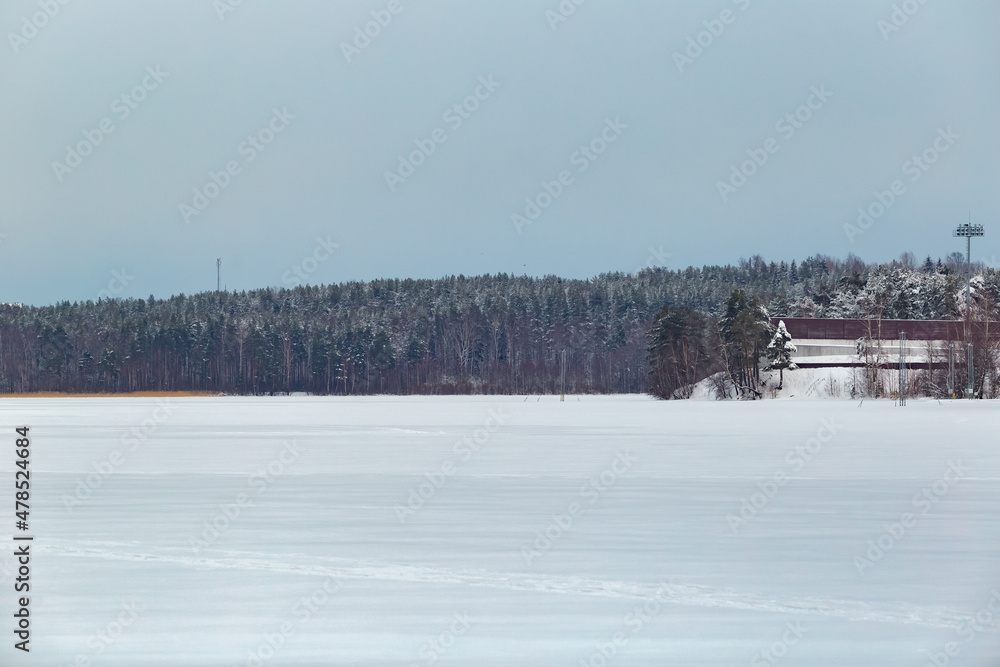 Winter landscape. Frozen lake in the snow. Forest in the background.