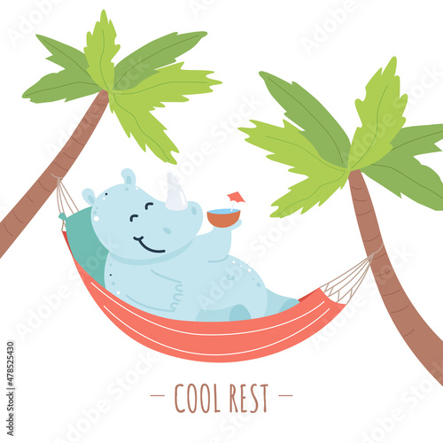 Rhinoceros resting under palm trees.