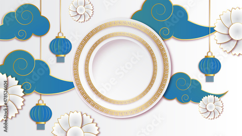 realistic chinese new year paper style white blue gold chinese design background