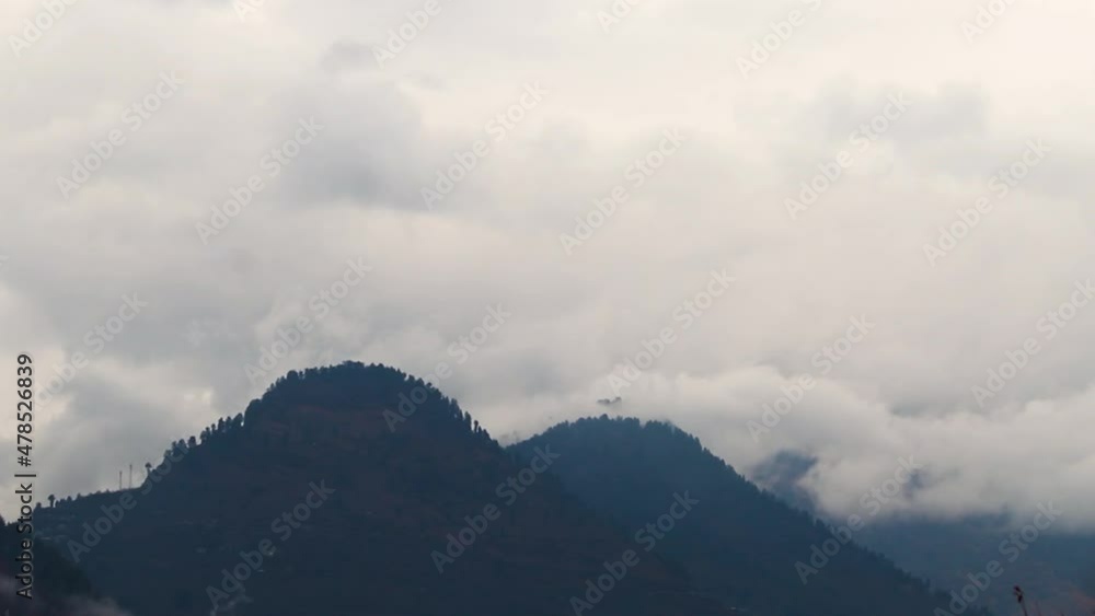 Time lapse of the dark clouds above the snow covered mountains during winter at Manali in Himachal Pradesh, India. Clouds time-lapse of the Himalayan mountain range during winter. Time lapse of the dark clouds above the snow covered mountains during winter at Manali in Himachal Pradesh, India. Clouds time-lapse of the Himalayan mountain range during winter.
