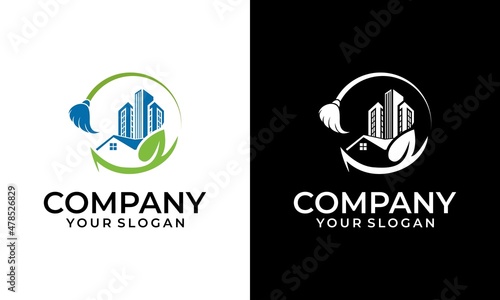 Creative Cleaning Concept Logo Design Template. House Cleaning Vector Logo Design, Eco Friendly with shiny Home and circle Concept isolated on white and black Background
