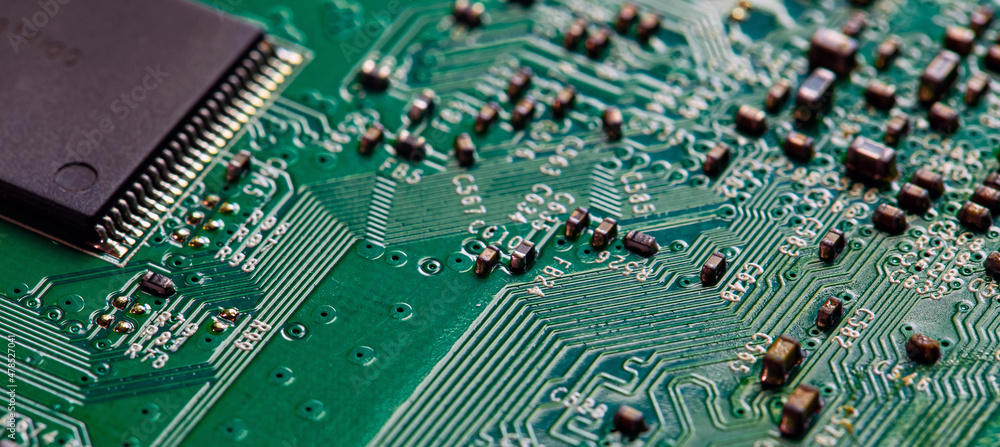 Obraz premium Macro Close up of printed wiring on PC circuit board.