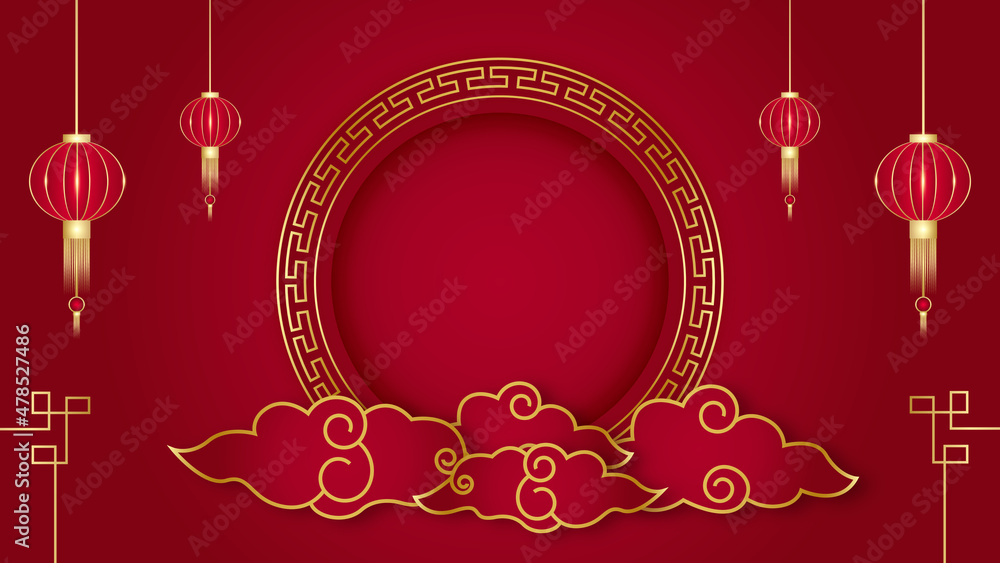 Happy Chinese new year 2022. Year of Tiger character with asian elements and flower with craft style on background. Universal Chinese background with red and gold color theme