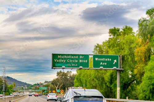 Mulholland Drive Valley circle boulevard sign on Highway 101 northbound photo