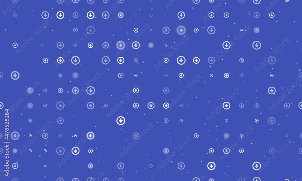 Seamless background pattern of evenly spaced white download symbols of different sizes and opacity. Vector illustration on indigo background with stars