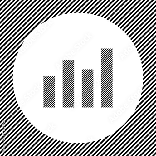 A large chart line symbol in the center as a hatch of black lines on a white circle. Interlaced effect. Seamless pattern with striped black and white diagonal slanted lines