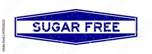 Grunge blue sugar free word hexagon rubber seal stamp on white background