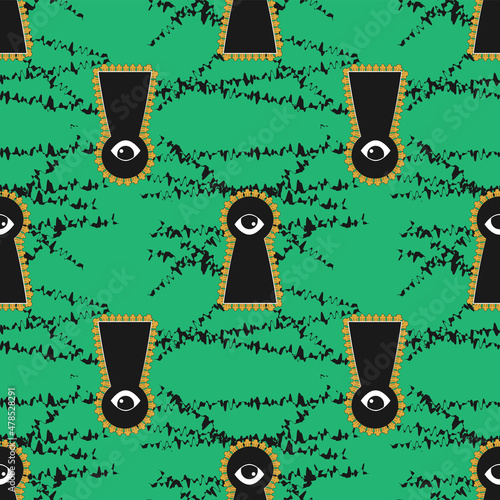 Seamless pattern keyhole eye looking at green background with doodle vector image