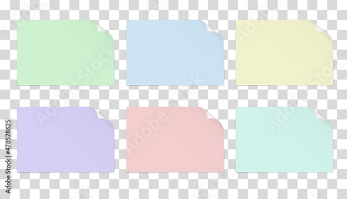 Vector sheets of paper of different colors with a bent upper right corner with a shadow under it, isolated on a white background.
