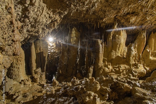 Cave stalactites, stalagmites, and other formations at King Marcos Caverns, Alta Verapaz, Guatemala, Central America.