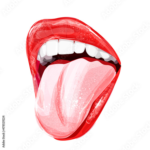 Woman's sexy lips with glossy lipstick, white perfect teeth and tongue. Hand drawn modern fashion vector illustration of beautiful female mouth with perfect makeup. Beauty sketch for cosmetics design.