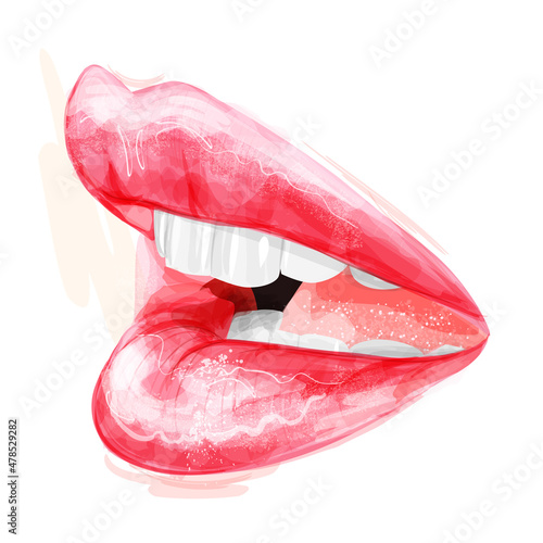 Woman's lips with glossy lipstick and white teeth. Hand drawn modern fashion vector illustration of beautiful female mouth with perfect makeup. Beauty sketch for cosmetics design.