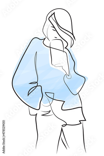 Hand drawn modern fashion illustration of young woman wearing wearing casual youth clothing and taking selfie with her smart phone, quick sketch, vector illustration. Girl's portrait.