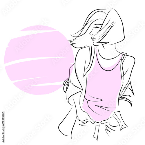 Girl's casual portrait. Hand drawn modern fashion illustration of abstract young woman wearing wearing everyday youth clothing, quick sketch, vector illustration