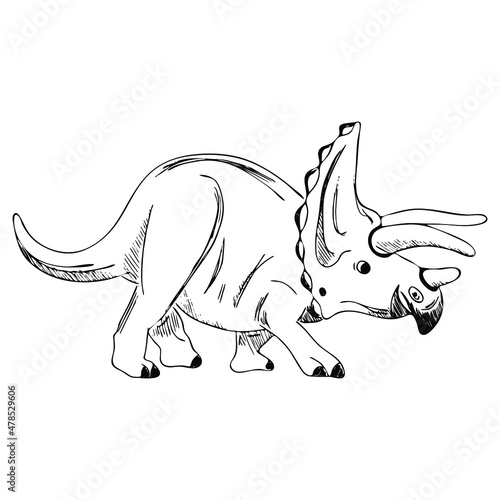 Graphic black and white dinosaur sketch. Hand-drawn dinosaurus isolated on white background, animal vector