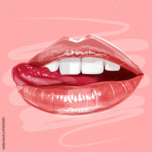 Woman's lips with glossy lipstick, white perfect teeth and tongue. Hand drawn modern fashion vector illustration of beautiful female mouth with perfect makeup. Beauty sketch for cosmetics design.