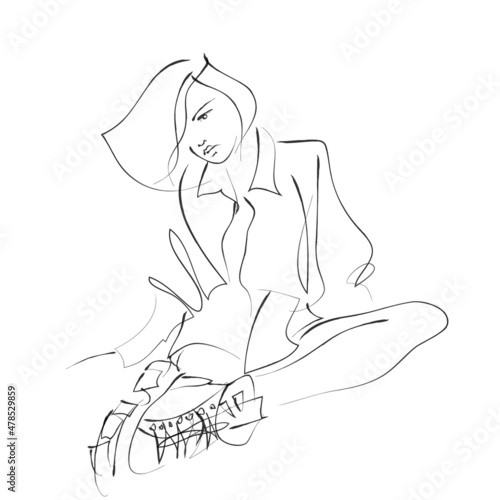 Girl's portrait. Hand drawn modern fashion illustration of abstract young woman wearing wearing casual youth clothing and boots, quick sketch, vector illustration