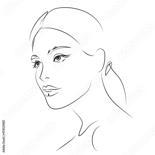 Hand drawn modern fashion illustration of abstract young beautiful and elegant woman. Female face. Beauty sketch for cosmetics design. Girl's beauty portrait. Skin care, cosmetics sketch