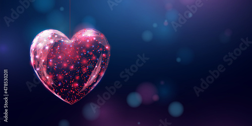 Wireframe red heart in low poly style. Saint Valentines day concept with glowing low poly hearts. Futuristic modern abstract.