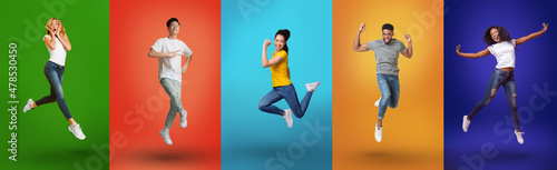 Positive multiracial people jumping in air and celebrating success, exclaiming with joy over bright neon backgrounds