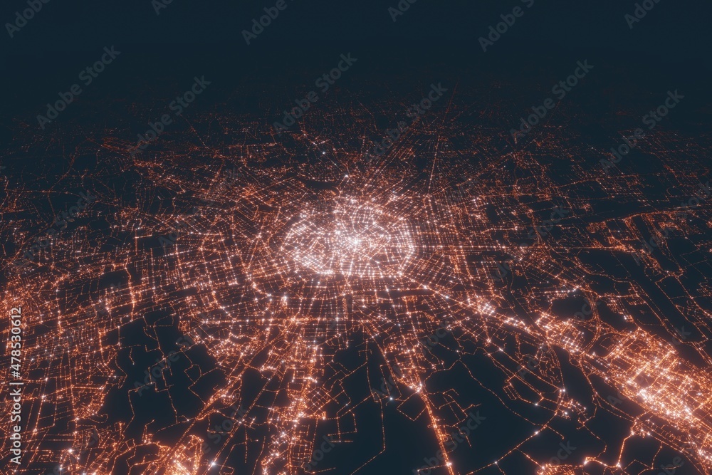Fototapeta premium Milan aerial view at night. Top view on modern city with street lights