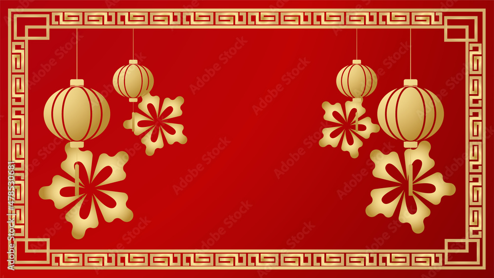 Happy Chinese new year 2022. Year of Tiger character with asian elements and flower with craft style on background. Universal Chinese background with red and gold color theme