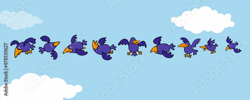 crows with humor and a smile fly across the sky with clouds