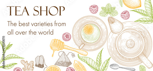 Vector banner template for a tea shop. Graphic linear colored teapot and cup of tea, spoon, tea leaves, honey, ginger, raspberry, mint, lemon, tea bags