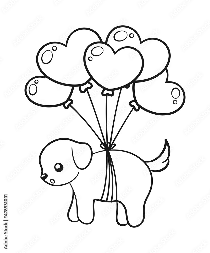 Puppy floating tied to heart balloons. Valentine's day Coloring book page activity for kids. Puppy floating tied to heart balloons. Valentine's day Coloring book page activity for kids.