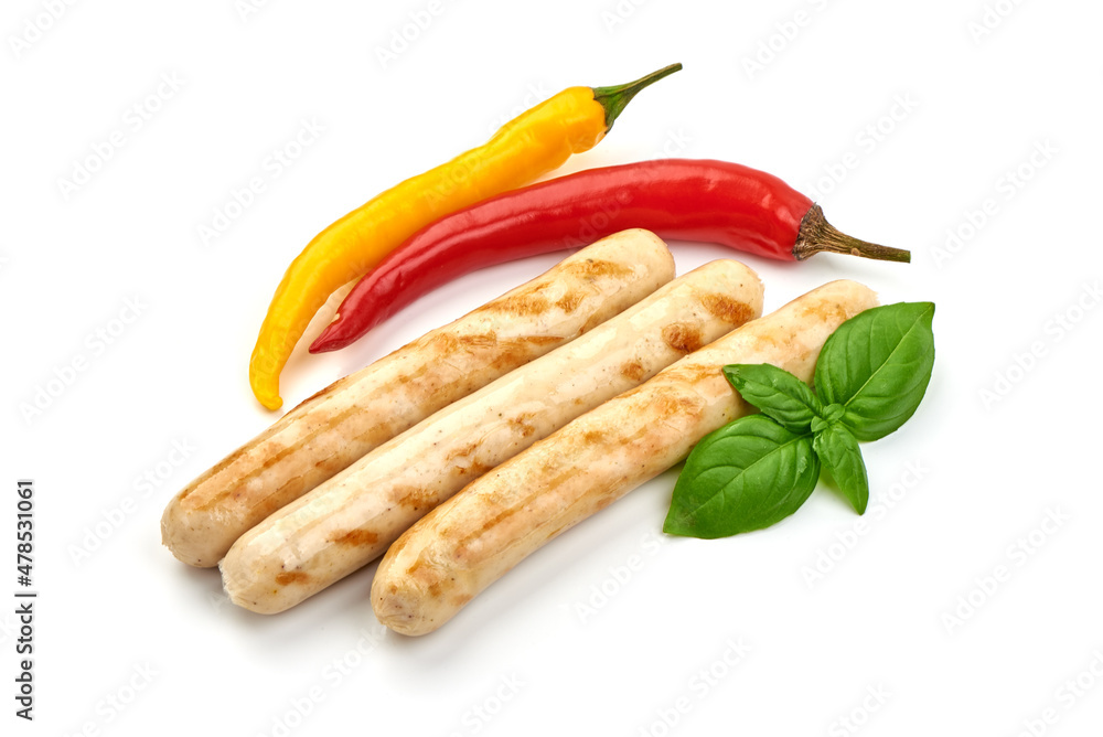 Chicken sausages bbq, isolated on white background. Chicken sausages bbq, isolated on white background.