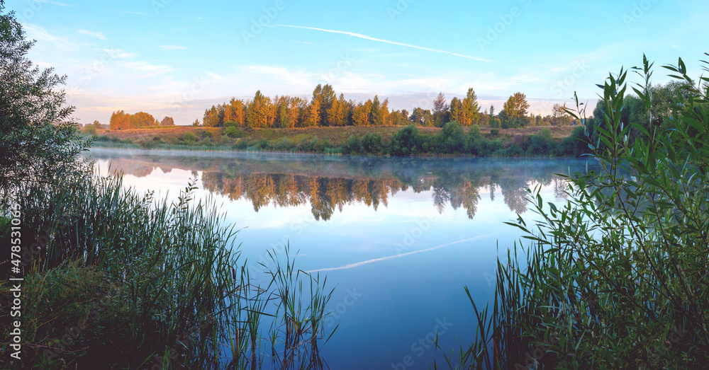 Fototapeta premium Summer morning landscape with calm lake