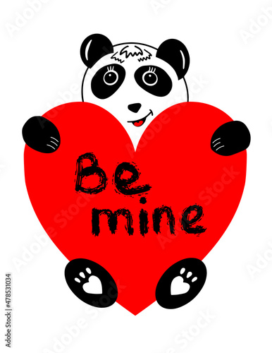 Fototapeta Naklejka Na Ścianę i Meble -  Cute and adorable panda and heart with inscription 'be mine'. Valentine's Day Concept.