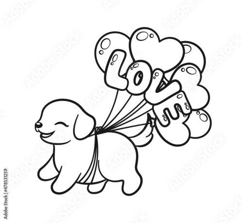 Puppy with Valentine's day balloons line art illustration. Coloring book page activity for kids.