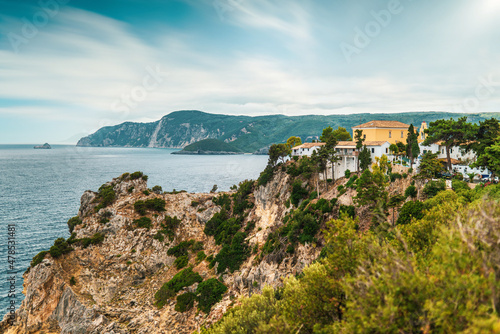 Buildings standing on high hill above Mediterranean sea