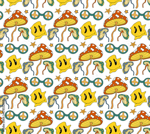 Psychedelic 70s seamless pattern with mushrooms and melting cartoon faces. Vector illustration
