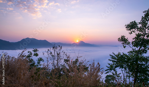 sea of fog over the mountain. Beautiful dramatic view.