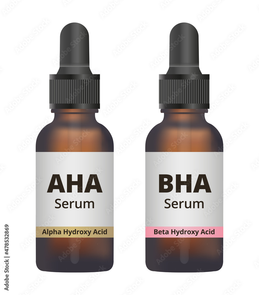 Vector set of amber glass dropper bottles with AHA and BHA face serum