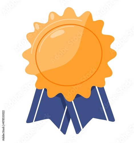 Gold badge award with ribbons. Golden rosette medal label. Premium emblem of best quality. Shiny metal reward symbol. Realistic flat illustration isolated on white background
