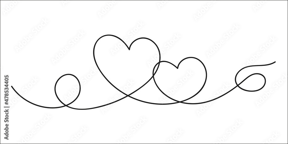 Continuous one line art drawing of two hearts symbol sign doodle style vector image. Continuous one line art drawing of two hearts symbol sign doodle style vector image.
