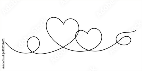 Continuous one line art drawing of two hearts symbol sign doodle style vector image.