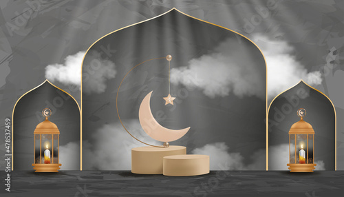 Eid al Adha Mubarak greeting design with Crescent Moon and Star hanging on 3D podium on grey cement background.Vector Backdrop of Religion of Muslim Symbolic for Eid al fitr, Ramadan Kareem