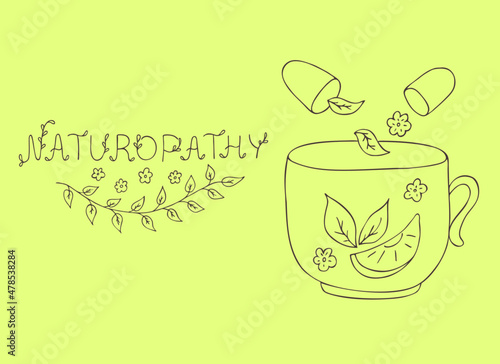 Hand drawn outline vector pharmacy herbs image.Naturopathic medicine. Vintage silhouette isolated mug with herbal tea.Eps horizontal print for label, poster, banner, packaging.